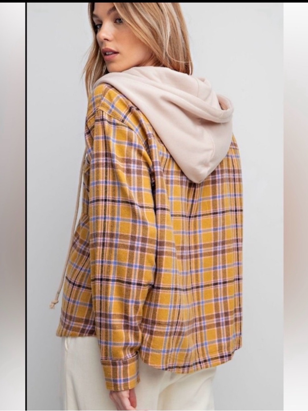Plaid Button-Down Shirt Jacket with Cream Hood - Yellow Plaid